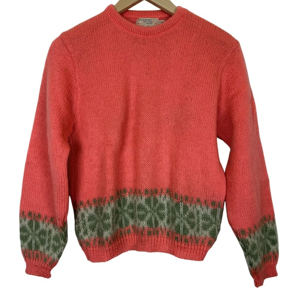 Vtg 60s Bobbie Brooks Mohair Wool Fair Isle Knit Sweater Sz Small Green Coral